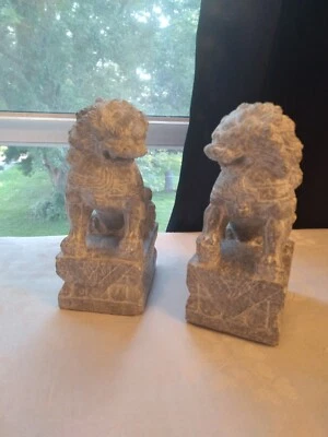 Vintage Pair Chinese Foo Dog Guardian Lion Carved Stone Statues 6"T Gray - Image 1 of 4