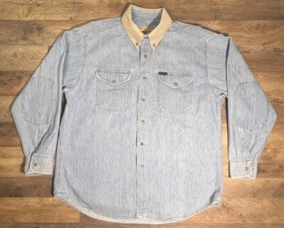 Vintage Woolrich Shirt Shacket XL Heavy Denim Button Up Long Sleeve Elbow Patch. - Image 1 of 4