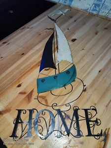 Antique Ship/Sailboat/Seagull 3ft Metal Sculpture w/HOME SIGN - Picture 1 of 10