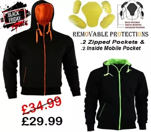 BLACK & ORANGE/HIVIZ FLEECE HOODIE REMOVABLE ARMOUR MOTORBIKE MOTORCYCLE JACKET - Picture 1 of 6