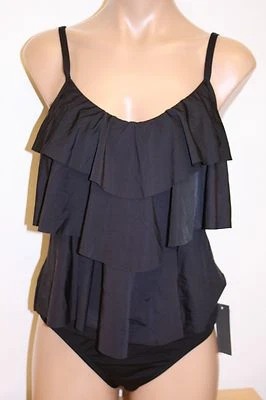 Nuevo con etiquetas Traje de baño Tankini Kenneth Cole conjunto de 2 piezas talla XL negro con bandas volantes Foto 1 de 4