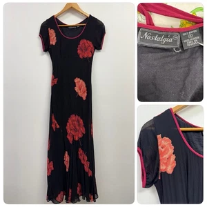 Vintage Y2K Nostalgia Rose Print Bygone Bias Cut Chiffon Feminine Maxi Dress Med - Picture 1 of 14