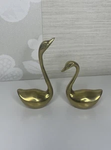 Vtg Miniature Brass Swan Figurines 3 3/4” 2 1/2” Vintage Mid Century Modern Pair - Picture 1 of 7