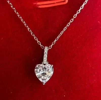 2Ct Heart Cut Lab Created Diamond Solitaire Pendant 14K White Gold Plated - Image 1 of 4