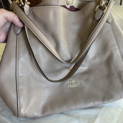 Authentic COACH Tote Bag Beige Leather Shoulder Handbag Logo Gold Hardware A4 - Image 1 of 4