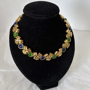 Vintage Nina Ricci Halsband Halskette gegossenes Glas Cabochon vergoldet Kreuz Schraffur - Bild 1 von 11