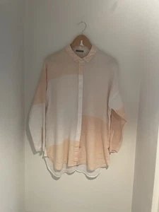 OSKA Peach & White Sz 0 Oversized 100% Linen Check Collared Tunic Blouse - Picture 1 of 7