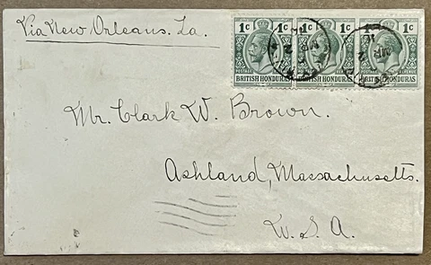 EARLY 1916 BELIZE BRITISH HONDURAS COVER STRIP OF 3 KGV STAMPS TO NEW ORLEANS Cover