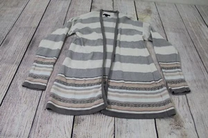 Tommy Hilfiger Grey White Striped Knit Open Cardigan Sweater Women's Medium - Picture 1 of 5