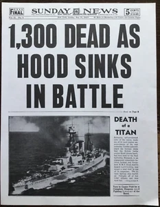 WW2 1945 NEWSPAPER/POSTER 1 PAGE (2 SIDED) : “ BISMARCK SINKS H.M.S. HOOD ” - Picture 1 of 17