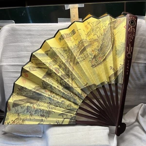 Ventilador de mano de tela japonés antiguo vintage - Imagen 1 de 9
