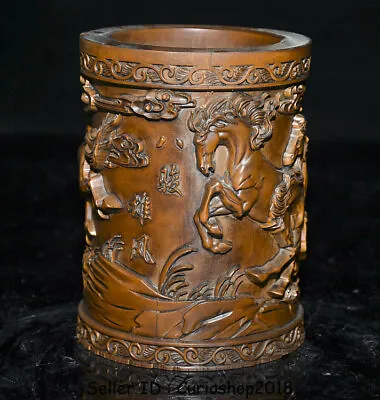 4.8  Old Chinese Boxwood Wood Hand Carved Dynasty 8 Horses Brush Pot Pencil Vase • 100$