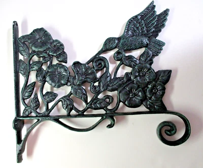 Cast Iron 11.5 inch Ornate Plant Hanger Bracket Hummingbird & Flowers Dark Green - Image 1 of 4