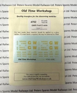 Old Time Workshop 4762 GWR Fruid D Van Decals (Parkside PC74) OO Gauge - Picture 1 of 1