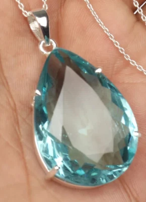 AAA+ Large Aquamarine 81.5 Ct. Pear Cut 925 Sterling Silver Pendant Gift for Her - Image 1 of 4