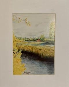 Impresión fotográfica de Country Meadow Barn with River mate firmada por Rosie Armstrong 1990 - Imagen 1 de 5