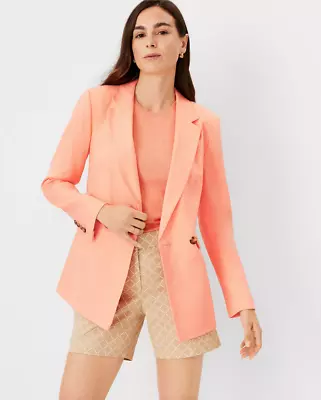 ANN TAYLOR $198 VIVID APRICOT LINEN BLEND LONGER DOUBLE BREASTED BLAZER SZ 10P - Image 1 of 3