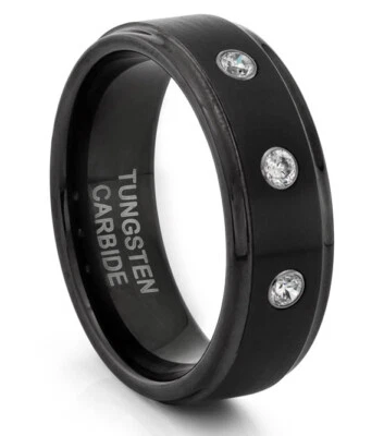 TungstenMasters 8 毫米/6 毫米钨哑光黑色结婚戒指带 CZ 石 — 第 1/4 张图片
