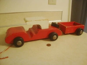 Vintage ALL WOOD Sports Car w Trailer Flintstones Era Style Quality Pull Toy Fun - Picture 1 of 9
