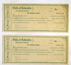 COLORADO- LOT OF TWO (2) WITNESS CERTIFICATE – RIO BLANCO COUNTY  CA. 1900 - Picture 1 of 1