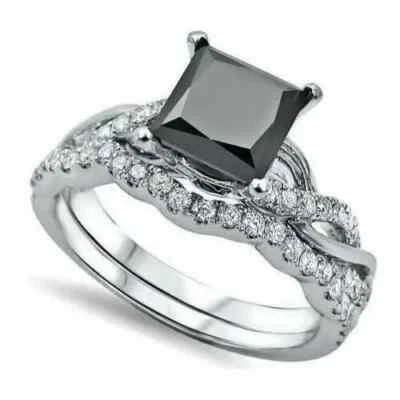 3.00 Ct Lab Created Black Spinel Bridal Engagement Ring Set 14K White Gold Over - Image 1 of 4