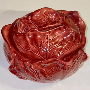 Vintage Cabbage Tureen Bowl Holland Mold 1970s Vegetable Dish with Lid Burgundy - Picture 1 of 15