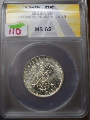 1913-A GERMANY PRUSSIA SILVER 2 MARKS ANACS MS62 | LUSTER - Image 1 of 4