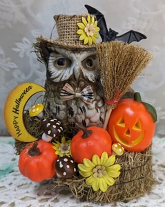 HALLOWEEN Decor Embellished Figurine Vintage Owl SCARECROW Hay Jack o Lantern - Picture 1 of 12