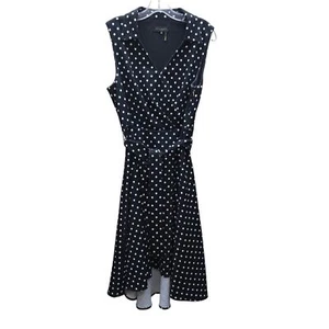 Donna Karan NY Polka Dot Faux Wrap Midi Dress Hi-Lo Hem Black & White Size 10 - Picture 1 of 7