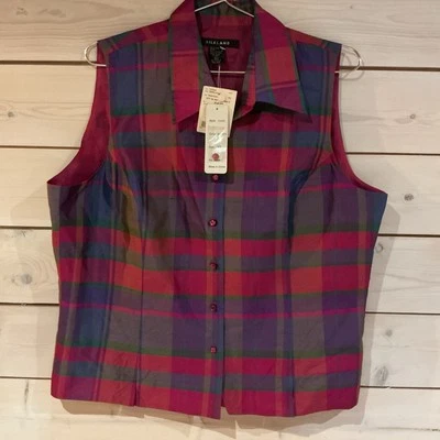 Silkland Nuevo Con Etiqueta XL 100% Pura Seda Forro Top Cuadros Años 90 Preppy Colorido Foto 1 de 4