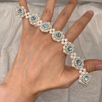 手工制作维多利亚风格串珠珍珠手链精致新娘蓝色珠宝礼品 — 第 1/4 张图片