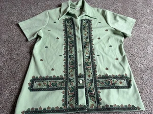 Vintage 70's Mint Green Floral Button Down Shirt Ugly Hippie Mod Retro Disco - Picture 1 of 5