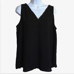 Top Ann Taylor Factory Negro Doble Cuello en V Malla Borde Sin Mangas Concha Usado en Excelente Condición Talla L - Imagen 1 de 7