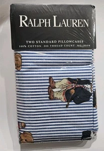 Ralph Lauren POLO TEDDY BEAR Blue Striped Pillowcases Pack of 2 USA New - Picture 1 of 9