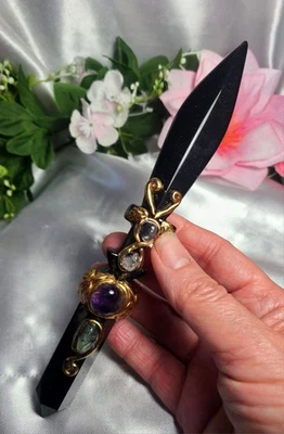 8" Black Obsidian Knife Amethyst & Gemstones Blade Wand Dagger Crystal Carving - Image 1 of 4