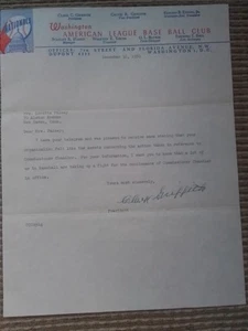Clark Griffith Signed 1950 Letter on Washington Senatots Letterhead JSA C of A - Picture 1 of 3