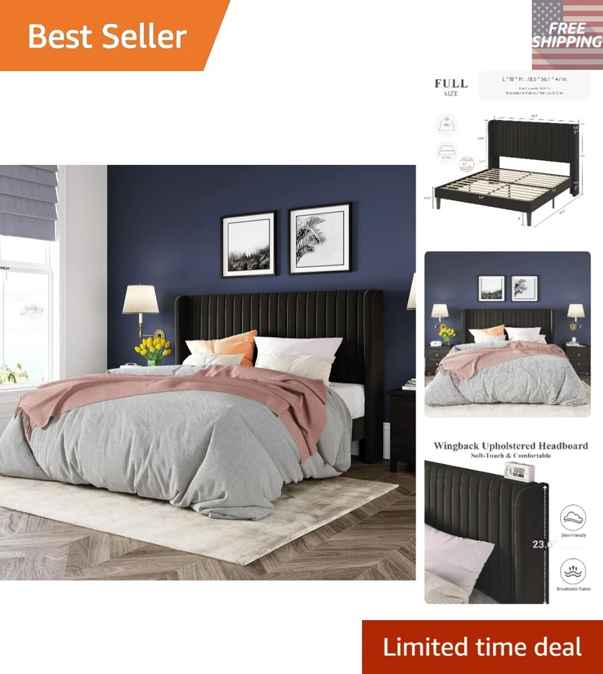 现代全尺寸内饰平台床带垂直通道塔夫特 - 黑色 — 第 1/4 张图片