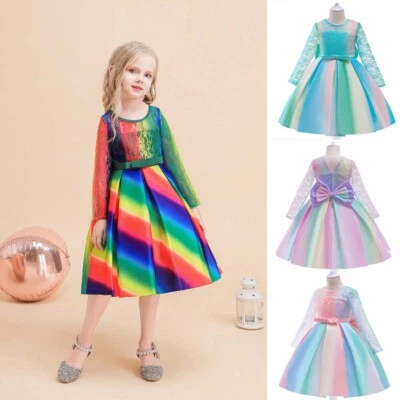 Kid Girls Flower Dress Bow Rainbow Bridesmaid Wedding Party Formal Gown Dresses - Image 1 of 4
