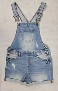 SO Girl Size 14 Jean Short Overalls Blue Blue Denim Romper Distressed Cuffed NEW - Picture 1 of 6