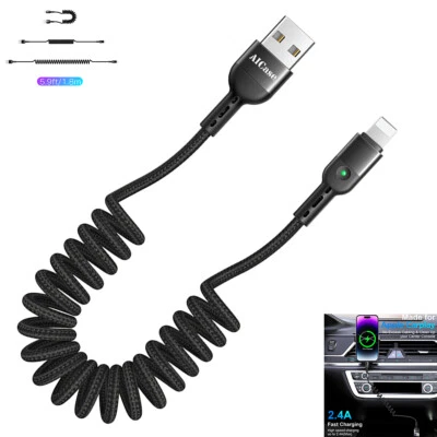 Coiled LED Fast Charging Data Cable Charger For iPhone 14 13 12 11 Pro XS Max SE - Image 1 of 4