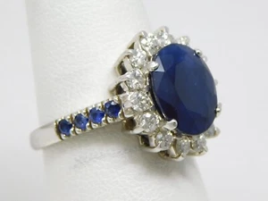 14 kt White Gold Oval SAPPHIRE & Halo DIAMOND Accents Band Ring Size 6 3/4 B6565 - Picture 1 of 6