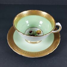 Delphine Mint Green Tea Cup & Saucer Flowers Gold Romantic Bone China Vintage