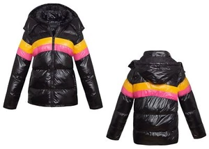Womens Ladies Quilted Hooded Puffer Colour Block Shine Black Warm Jacket Coat - Picture 1 of 3