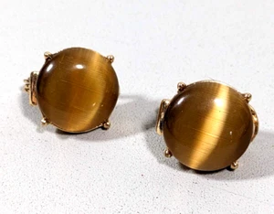 Monet Brown Cats Eye Glass Cabochon Round Stud Clip On Earrings - Picture 1 of 9