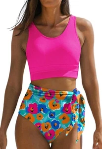 Dokotoo Rose Tummy Control Racerback High Waisted Tie Knot Floral 2pc Swimsuit M - Picture 1 of 8