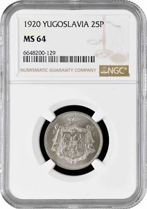 Yugoslavia 25 para 1920, NGC MS64, "King Peter I (1918 - 1921)" - Picture 1 of 2