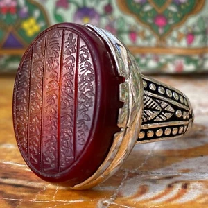islamic 925 Sterling Silver man ring yemeni ring red agate aqeeq خاتم اية الكرسي - Picture 1 of 19