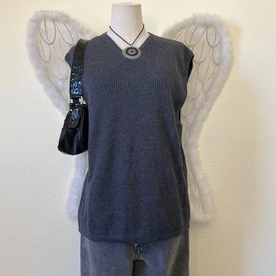 Colete suéter vintage anos 90 gola V malha com nervuras M cinza Normcore pai tamanho grande academia - Imagem 1 de 4