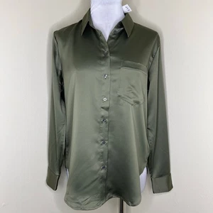 GAP Button Down Shirt SMALL Satin Long Sleeve Army Green Preppy Relaxed Chic Top - Picture 1 of 9