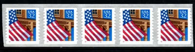 Stamp USA 1997 32¢ Flag over Pouch  Plate #11111 Coil Strip of 5 stamps SC#2915b - Image 1 of 2
